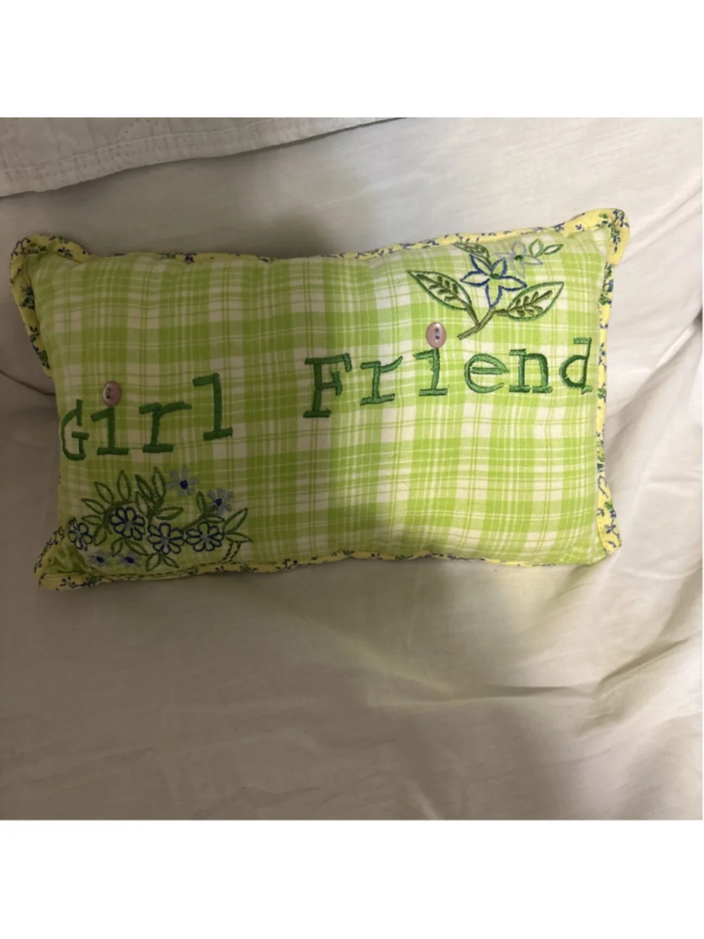 April Cornell Sweet Floral Green Plaid 12”x8” Pillow. Says “Girl Friend” On It.